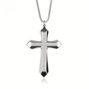 925 Sterling Silver Mens 24" 2ct Diamond Cross Necklace Guys Christian Jewelry